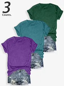 Women's Solid Color  Plain 3 Pieces T-shirt Casual Lightweight Round Neck  Everyday Daily Commuter  Short-sleeve Fitted T-shirt，TikTok Trending T-shirt Women ，Outfit Murah T-shirt Wanit,Comfortable Fabric, Basic