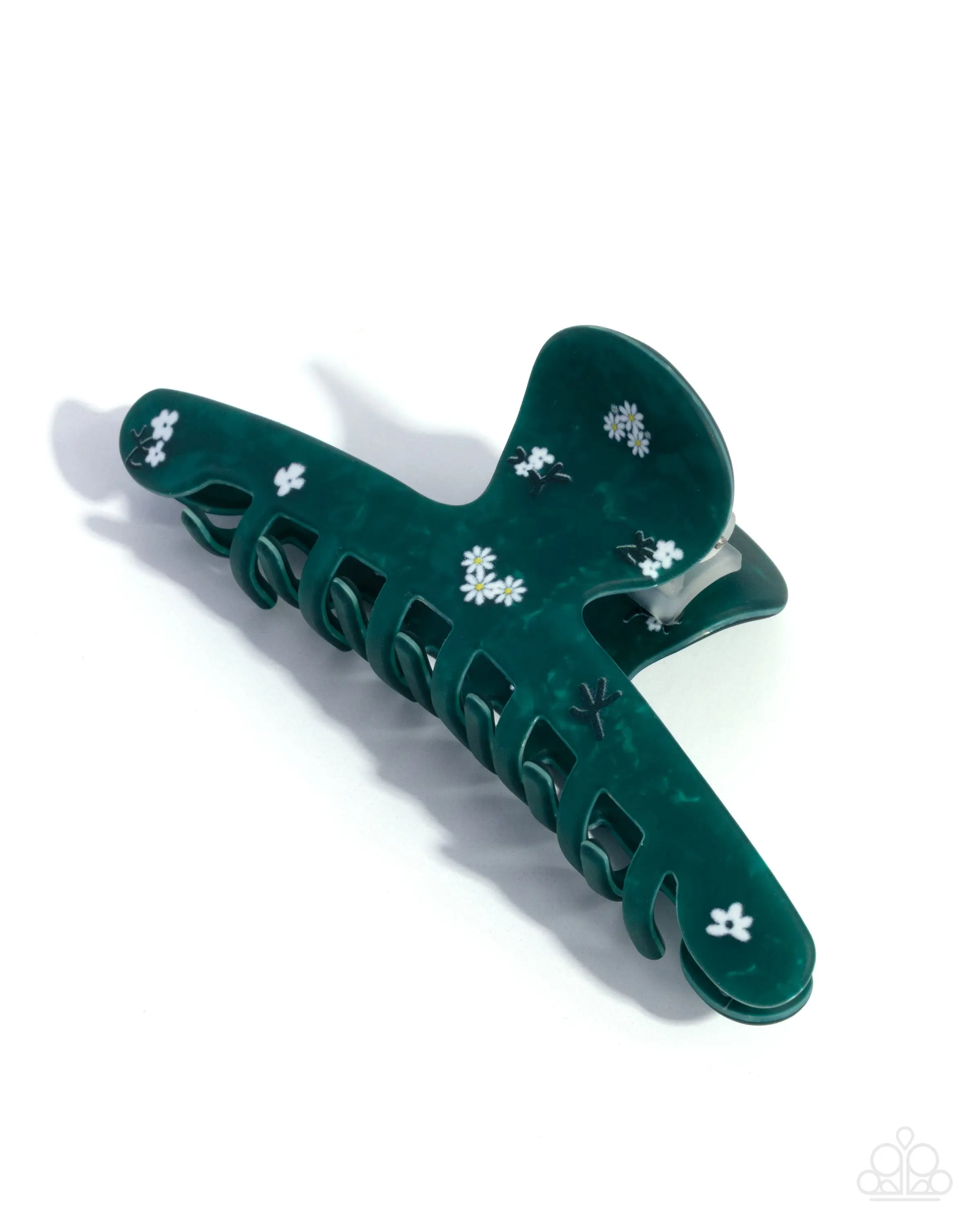 Blooming Breakout - Green Acrylic White Flower Claw Hair Clip - Paparazzi