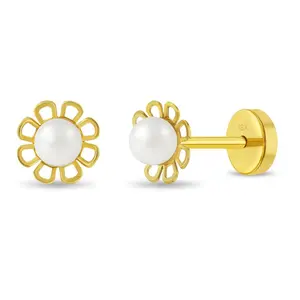 18k Gold Freshwater Cultured Pearl Flower Baby / Toddler / Kids Earrings Safety Push Back