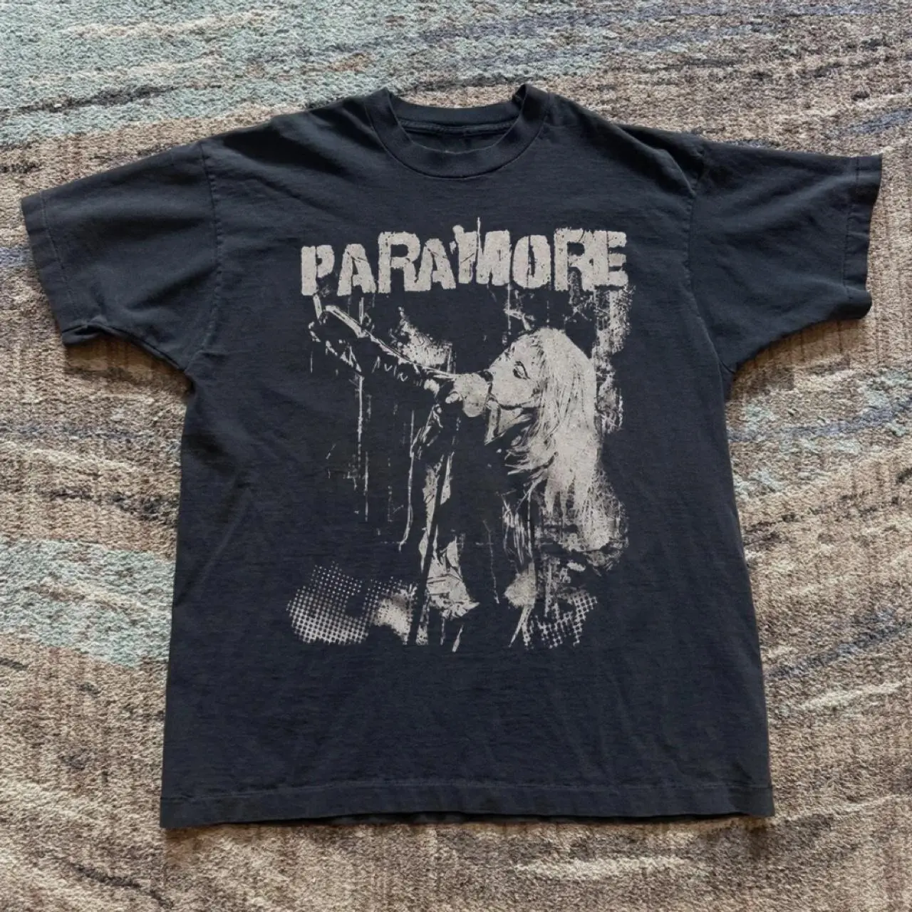 Black Paramore band tee with white graphic of a person with long hair T-shirt Cotton Fabric Top