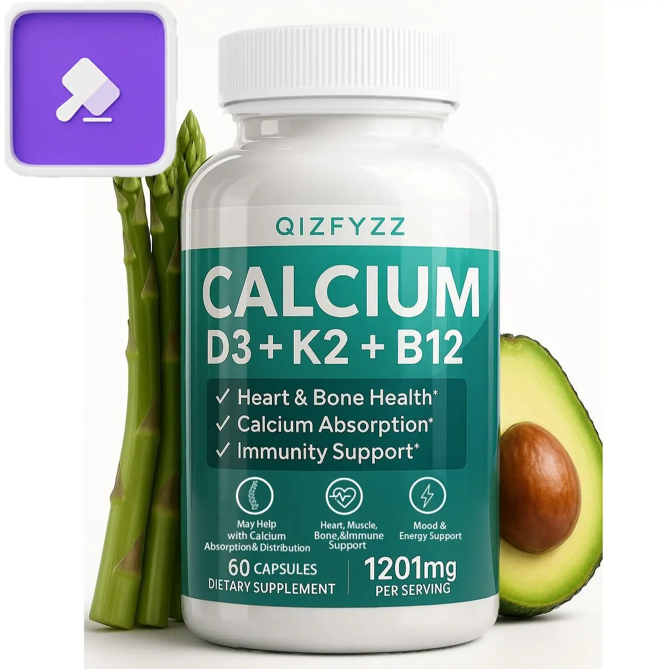 $1 AUCTIONS 4-in-1 Calcium 1200 mg with Vitamin D3 - Calcium Supplement for Men and Women with Vitamins K2 and B12 5000 IU - High-Strength Calcium Citrate for Bone and Heart Health (60 Tablets)
