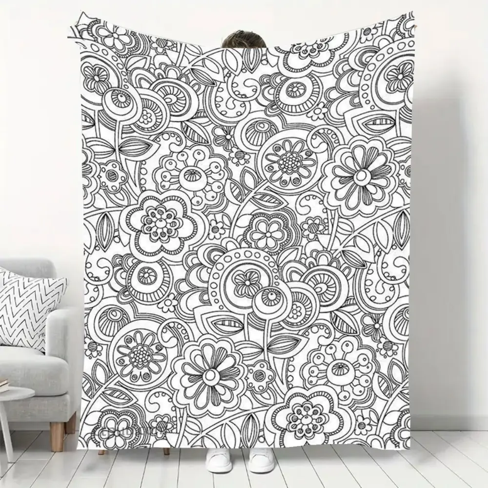 Black White Floral Mandala Flannel Throw Blanket - Soft Coloring Book Style Boho Flower Doodle Print, Whimsical Bedroom Decor, Relaxing Gifts for Female, Lightweight for Naptime, Cozy Couch Bed Dorm Accessory