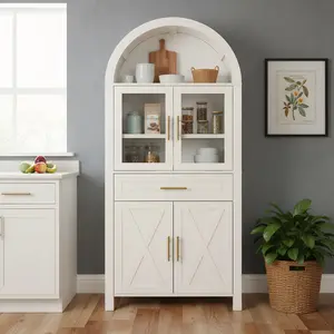 Aobtkel®71" Tall Arched Kitchen Pantry Cabinet with Glass Door, Farmhouse Storage Pantry Cabinet with Adjustable Shelves & Barn Door Design for Kitchen, Living & Dining Room, White#Summervibes