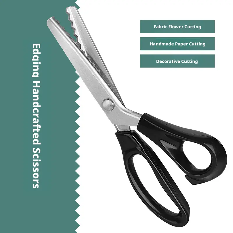 Decorative craft scissors (wavy, zigzag/pinky, and triangular/scalloped edges) for fabric and paper—suitable for sewing, crafting, and office use.
