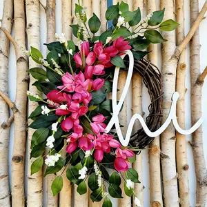 Simulation Tulip Wreath Home Decor Door Hanging Holiday Wreath Ivy Circle Wall Hanging, suitable for front door decoration, garden courtyard decoration, wall decoration, wedding festival party gathering decoration, and floral wreath gift.