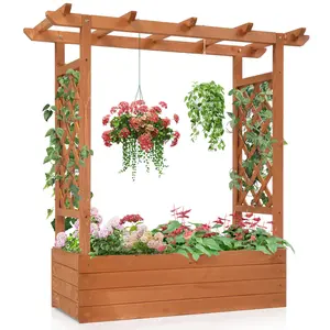 【Summervibes】43.5*17.5*44.5 In Fir With Arched Lattice Raised Garden Bed Wooden Planting Frame Teak Color