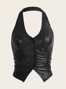 Button Front Backless PU Leather Halter Black Corset Top