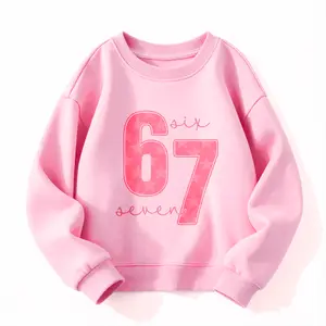 Girls' 67 Number Graphic Sweatshirt - Pink/Black/Whith & Bold 67 Design with Hearts & Stars - Soft Stretch Knit Round Neck Casual Everyday & Birthday Outfit - Spring Summer Fall Playwear- for Outfits Girls (6-7 Years Old )-Trendy Street Style-Humor Funny