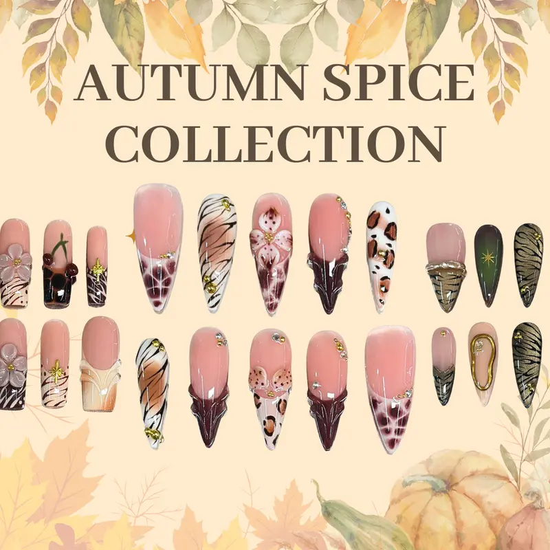 NailVesta AUTUMN SPICE COLLECTION – 100% Handcrafted 3D Press-On Nails | Reusable, Long-Lasting, Salon-Quality gel luxury Self fan bridal shower party soft flatback design Art