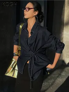 SS26 New KCGH Curvy Denim Blouse, Oversized Long Sleeve Fold Collar Tie Front Asymmetric Button Casual Top For Spring & Fall