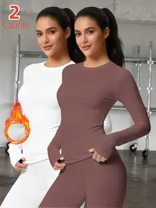 2-Pack Women's Thermal Underwear Tops, Solid Color Classic Fitted Crew Neck Long-Sleeve Base Layers for Autumn & Winter - Ideal as Running, Hiking Activewear, Comfortable Base Layer Tees Suitable for Outdoor Activities