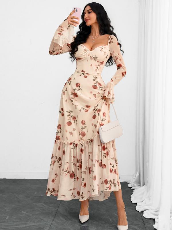 Elegant French Style V-Neck Mesh Dress, Rose Print Layered Backless Design, Breathable Waist Cinching, Romantic Women's Fashion