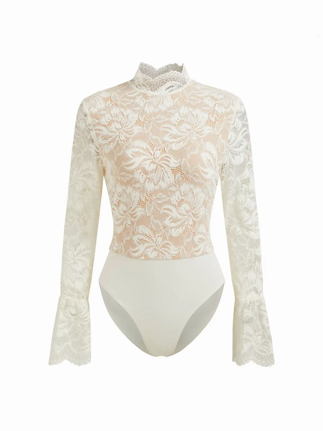 Cider Floral Lace Stand Collar Ruffle Long Sleeve Bodysuit