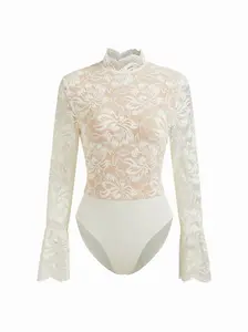 Cider Floral Lace Stand Collar Ruffle Long Sleeve Bodysuit