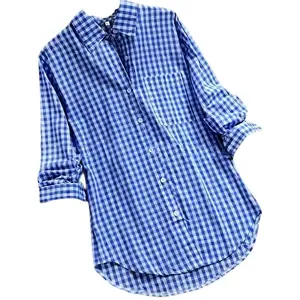 2025 New Gingham Turn-Down Collar Long Sleeve Shirt Vintage Button Style Autumn Arrival Top Womenswear Blue Fitted Casual Blouse