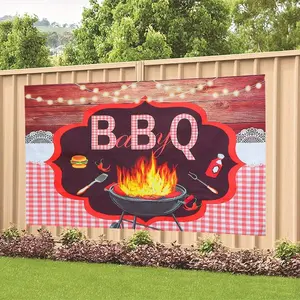 2D Flat Banner Polyester Photography Backdrop, HD Digitally Printed BBQ Grill Theme Background Cloth with Red Gingham Checkered Pattern and Rustic Wood Planks, Soft Lightweight Foldable Machine Washable for Summer Cookout, Birthda