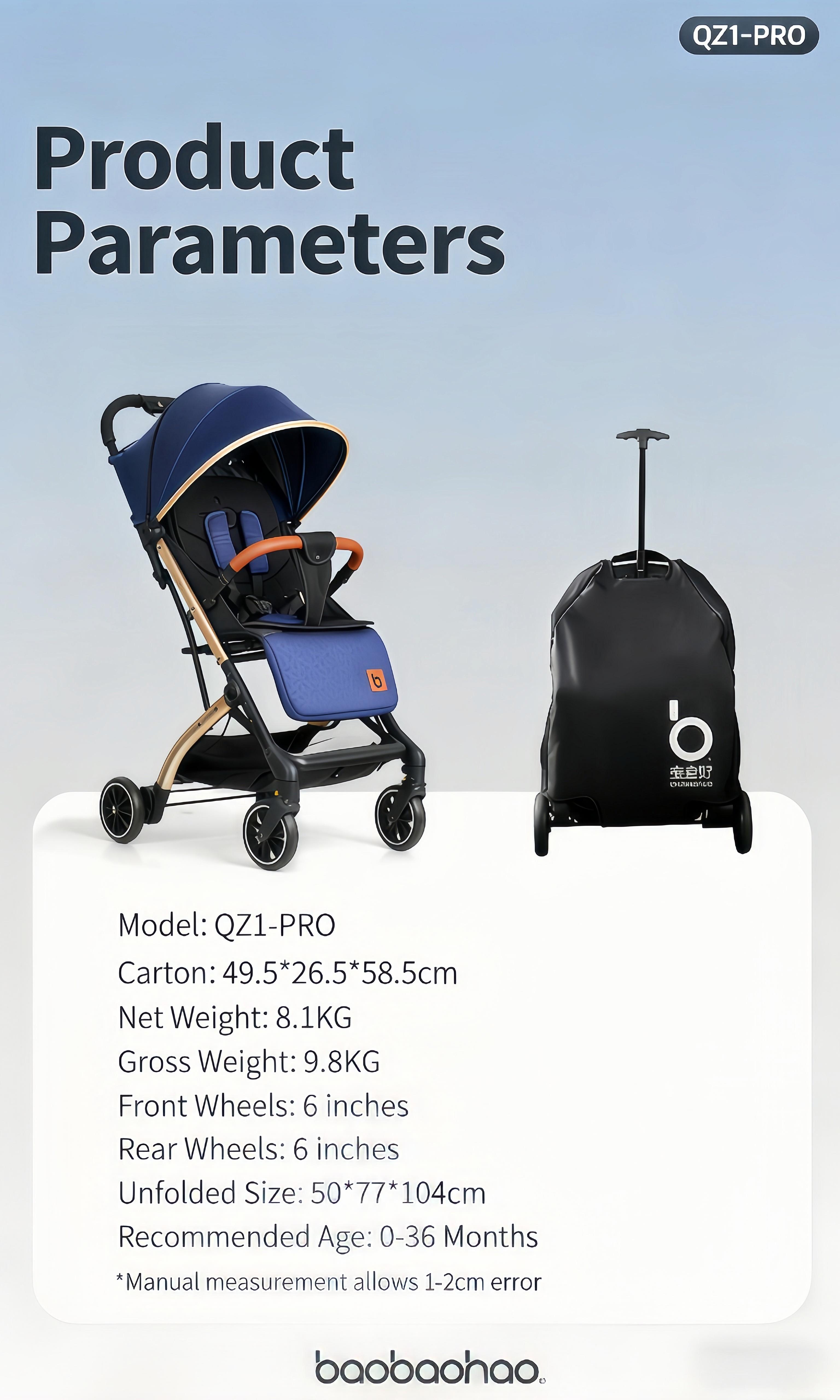 Baobaohao QZ1-Baby Stroller – Wider Cabin for Easy Outings, Seats & Lays Flat, Full Wind Protection, Breathable Mesh for Summer, Lightweight & Foldable, Suitable for Newborns to Age 3