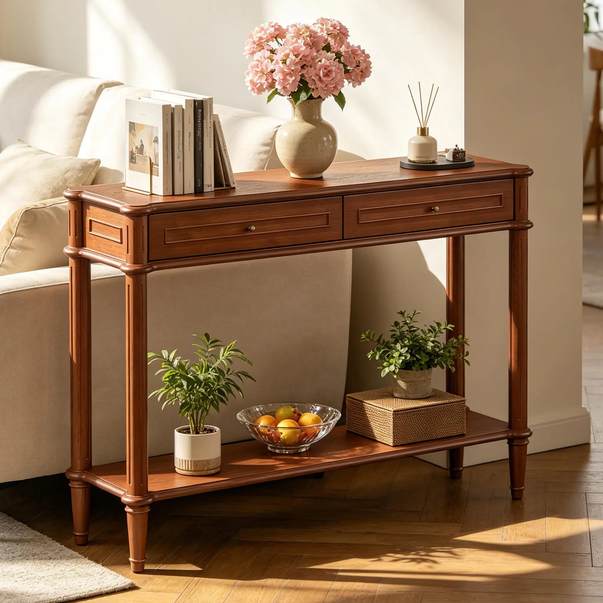 Gyfimoie Farmhouse Solid Wood Console Table with Charging Station, Retro Entryway Table with 2 Drawers, Easy Assemble Sofa Table with Bottom Shelf for Entryway, Narrow Long Couch Table for Foyer, Behind Sofa Table for Living Room