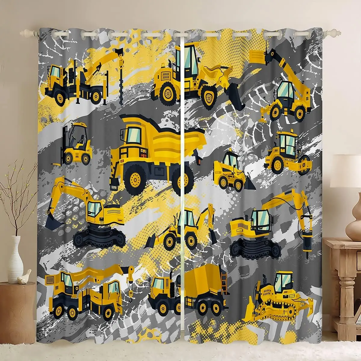 Child-Friendly Fabric Print Curtain Set - Construction-Themed Sheer Drapes with Cartoon Cars, Machinery Trucks, Grommet Detailing, Bedroom Window Household Textile Accessory, Child-Friendly Curtains, Fabric Print Curtains