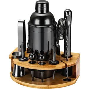 Cocktail Shaker Set Bartender Kit with Stand, 12 Piece Bar Set Drink Mixer Set with Stainless Bar Accessories: 25oz Martini Shaker Jigger Strainer Spoon Muddler for Cocktails (Black)