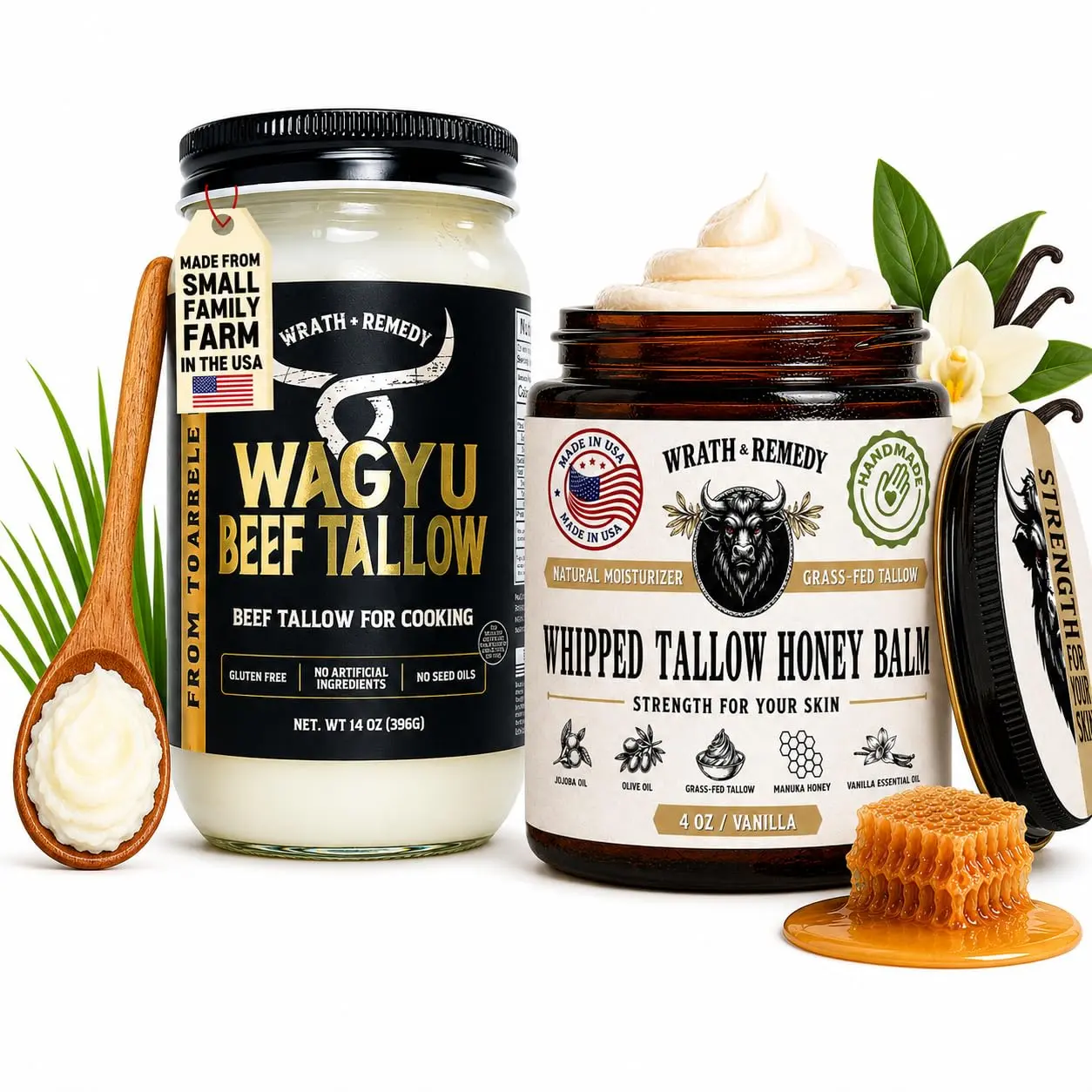 Wrath & Remedy Tallow Bundle: Organic Whipped Vanilla Beef Tallow for Skin (4 oz) & Pure Wagyu Beef Tallow for Cooking (14 oz) - Ancestral Head-to-Kitchen Duo