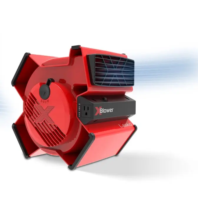 Lasko X-Blower 11" High Velocity Utility Blower Fan with USB Ports and Built-In Outlet for Cooling and Drying, Red, X12900