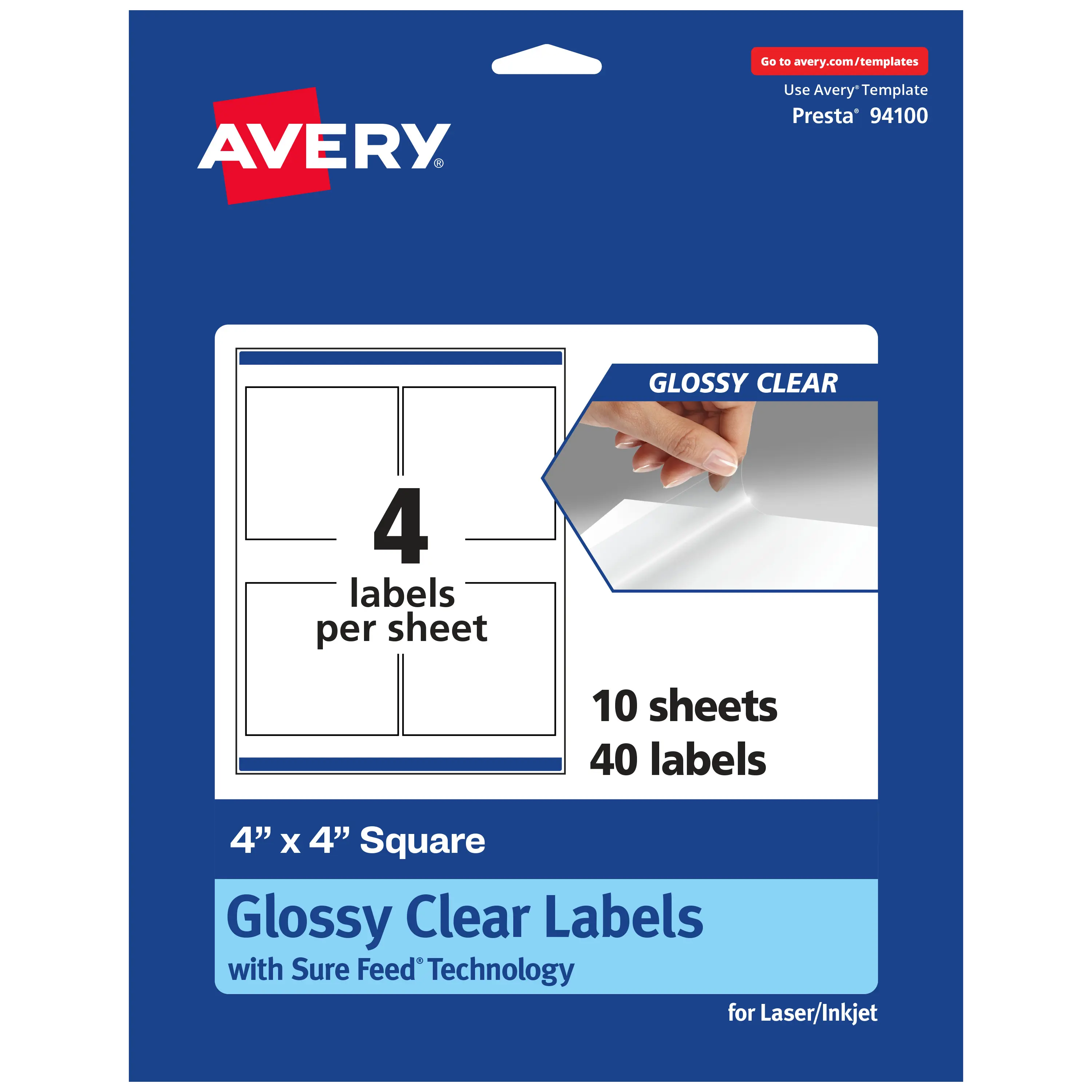 Avery Glossy Clear Square Labels with Sure Feed, 4" x 4"