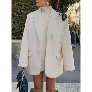 Winter Coat Female Trendy Cream Fuzzy Textured Blazer Oversized Lapel Collar Single - Breasted Coat Cozy Winter Outerwear Women's Chic Casual Office Long Tops ﻿