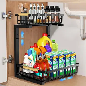 Under Sink Organizer 2 Tier, Under Sink Organizers and Storage, Slide out Pull out Cabinet Organizer Shelf, Metal Sliding Drawer for Kitchen Bathroom Pantry Cabinet Closet Organization Rack