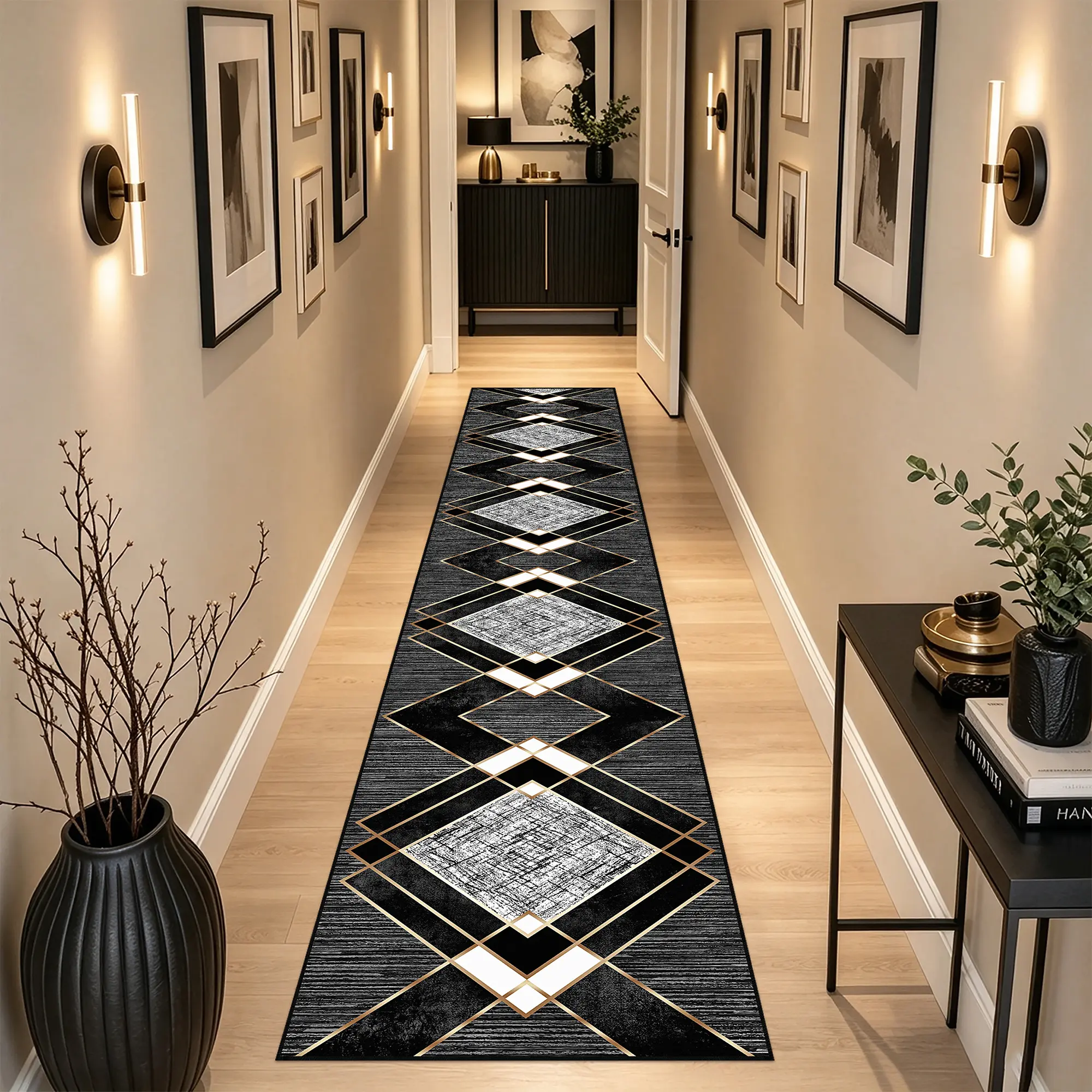 2.2' x 12' Black Geometric Modern Patterned Area Rug Runner - Anti-Slip Tread, Artistic Decorative, Floor Protection Indoor Mat for Bedroom, Hallway, Machine Washable, Anti-Slip Tread Runners, Artistic Decorative Runners