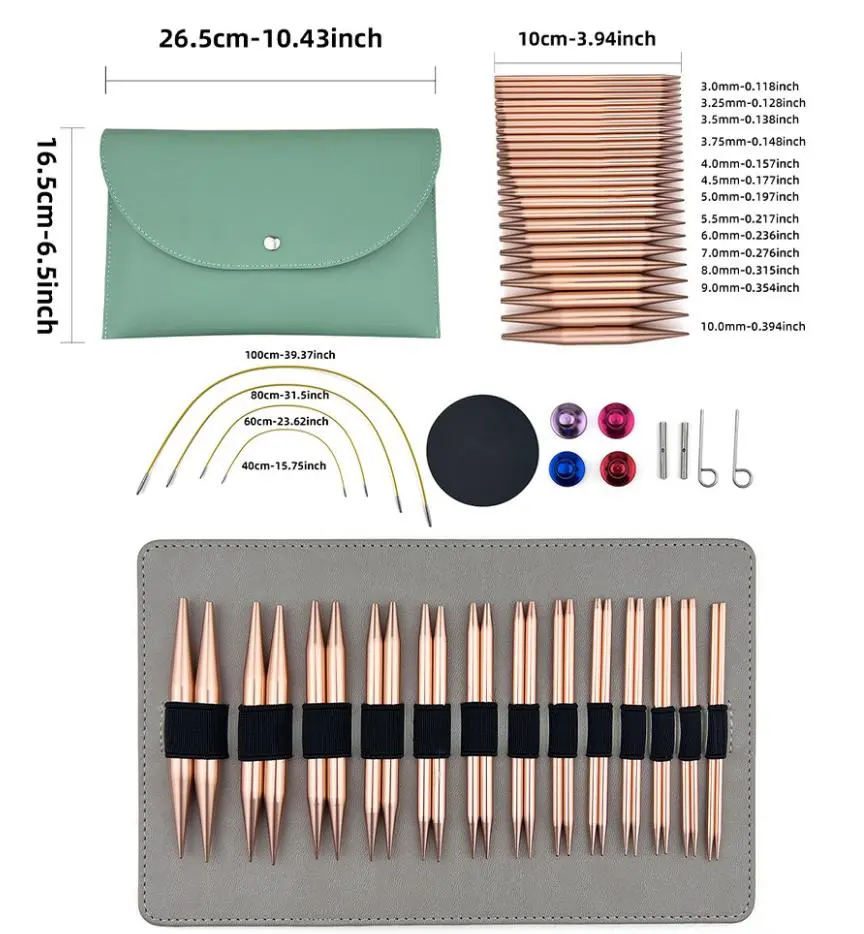 1Set Rose Gold Interchangeable Circular Knitting Needles Set, Premium Aluminum Needles & Accessories Ideal gift for Mothers, Grandmothers and Friends