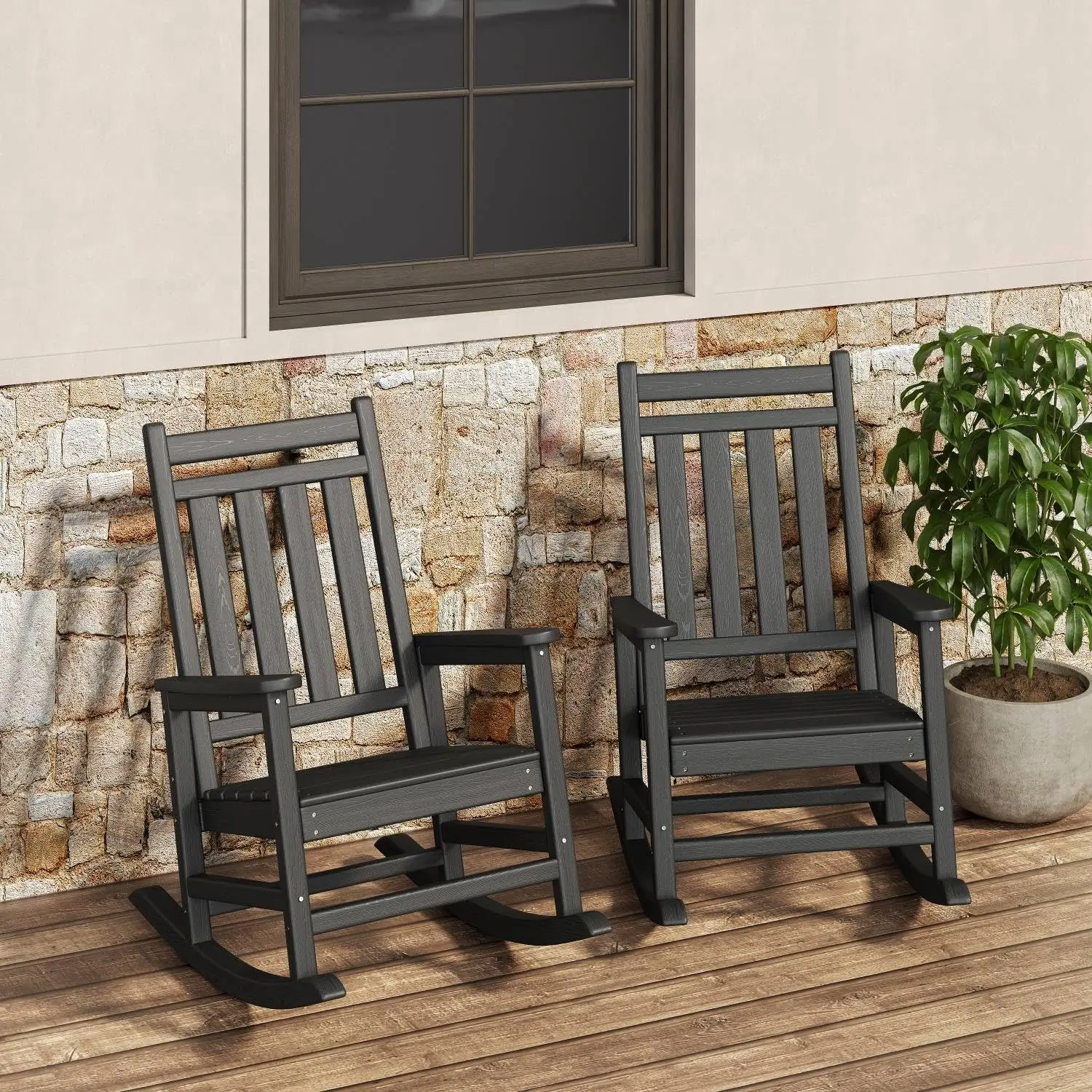 Outdoor Wooden High-Back Rocking Chair - Weatherproof Adirondack Outdoor Chair, Single Seat with Stable Base, 350lb Capacity, Ideal for Patio, Garden Relaxation Seating
