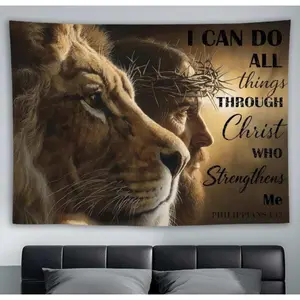 Lion and Jesus Christian Wall Art – “I Can Do All Things Through Christ” Scripture Tapestry Wall Hanging, Inspirational Bible Verse Wall Decor for Living Room, Bedroom, Prayer Room, or Church