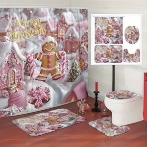 1/4 pcs Christmas-themed gingerbread man design, exquisite shower curtain set, non-slip mat, U-shaped rug, toilet seat cover, perfect for bathroom decoration, beautifies the space, includes 12 shower curtain hooks.