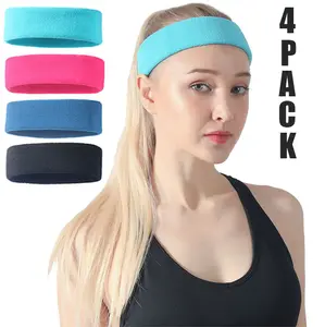 4 Pack Sweat Wicking Sports Headbands for Women Men, Soft Elastic Breathable Terry Cloth Athletic Head Bands, Non-Slip Moisture Absorbent Hair Bands for Yoga Running Workout Cycling Fitness Gym Basketball Tennis Hiking Daily Use