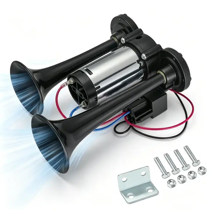 12V 120DB Dual Air Car Horn Upgrade Kit - All-in-1 12V Air Compressor, Compact Dualtone Metal Auto Accessory with Premium & Durable Construction for Trucks, Trains, Easy Installation Safety Alert