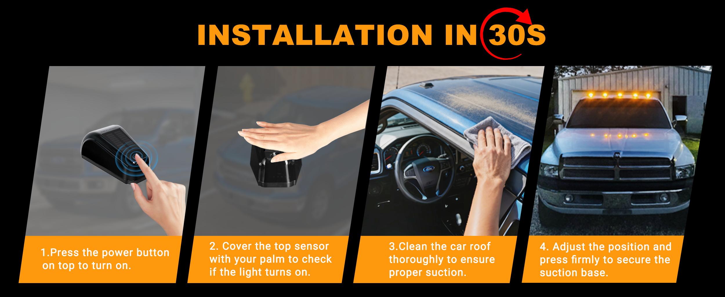 Wireless Solar Roof Lights for Truck SUV, No-Drill Cab Marker Lights, 3 Suction Cup Mount, Auto On/Off, IP67 Waterproof Solar Car Roof RGB Strobe Light,