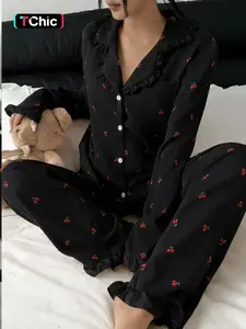 Women's Sleepwear Set Loungewear, Feminine Cherry Print Ruffle Long Sleeve Pajamas, Open Front Collar Comfortable Nightwear, Soft Button-Up Top & Elastic Waist Pants