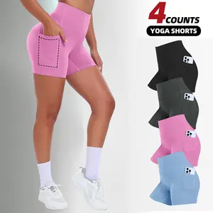 Women’s athletic shorts with pockets, high waist, high stretch, breathable and moisture-wicking—summer fitness yoga shorts, available in packs of 4 or 6.