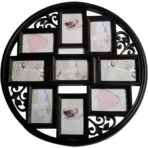4x6 Wall Collage Picture Frames 4X6- Round Circular Wall hanging Picture Photo Collage Frame with Leaf Decoration, 9- Opening (Black)