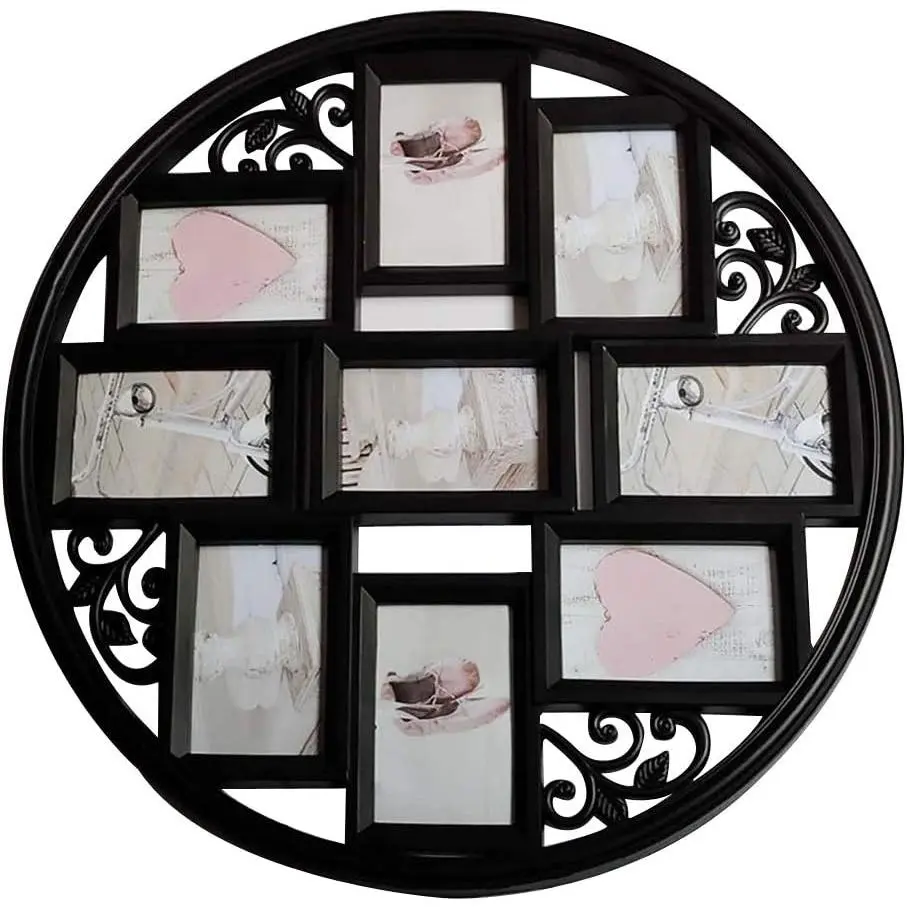 4x6 Wall Collage Picture Frames 4X6- Round Circular Wall hanging Picture Photo Collage Frame with Leaf Decoration, 9- Opening (Black)