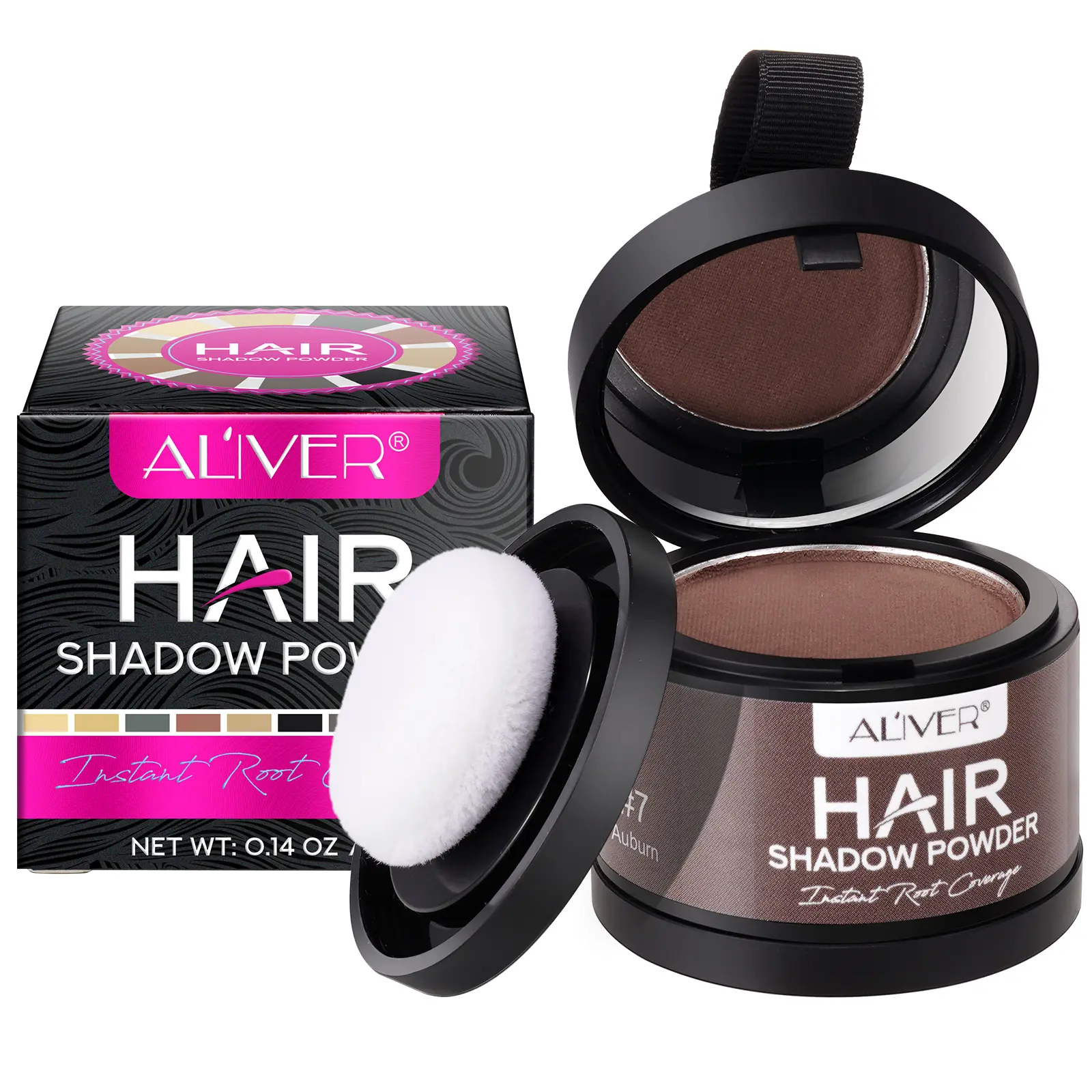 ALIVER Multi-functional Hairline Powder 4g/ Reddish-brown 1 box, comes with a mirror, can be used for hairline powder, eyebrow powder, highlighter powder, eyeshadow, etc. It does not fade for a long time, is waterproof and sweat-proof, and easy to use