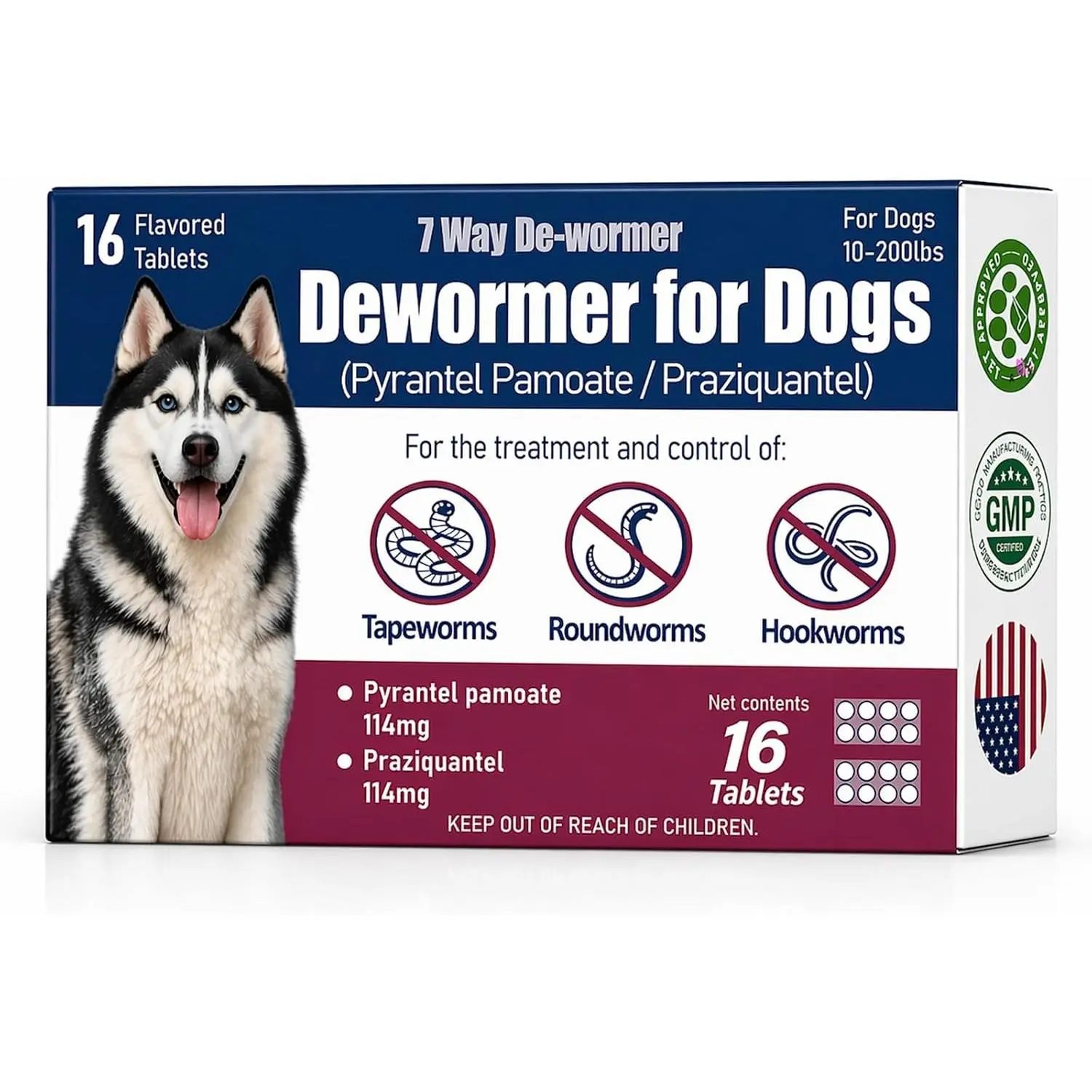 7-Way Dewormer for Dogs, Wormer for Tapeworms, Roundworms & Hookworms in Large Medium Dogs & Puppies (Over 10 lbs), with Praziquantel & Pyrantel Pamoate, 16 Tablets