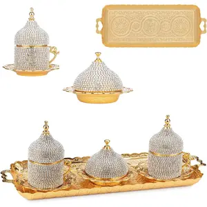 Turkish Greek Arabic Espresso Coffee Cups with Saucer and Lid (Crystal Set) (Set of 2) (Gold)