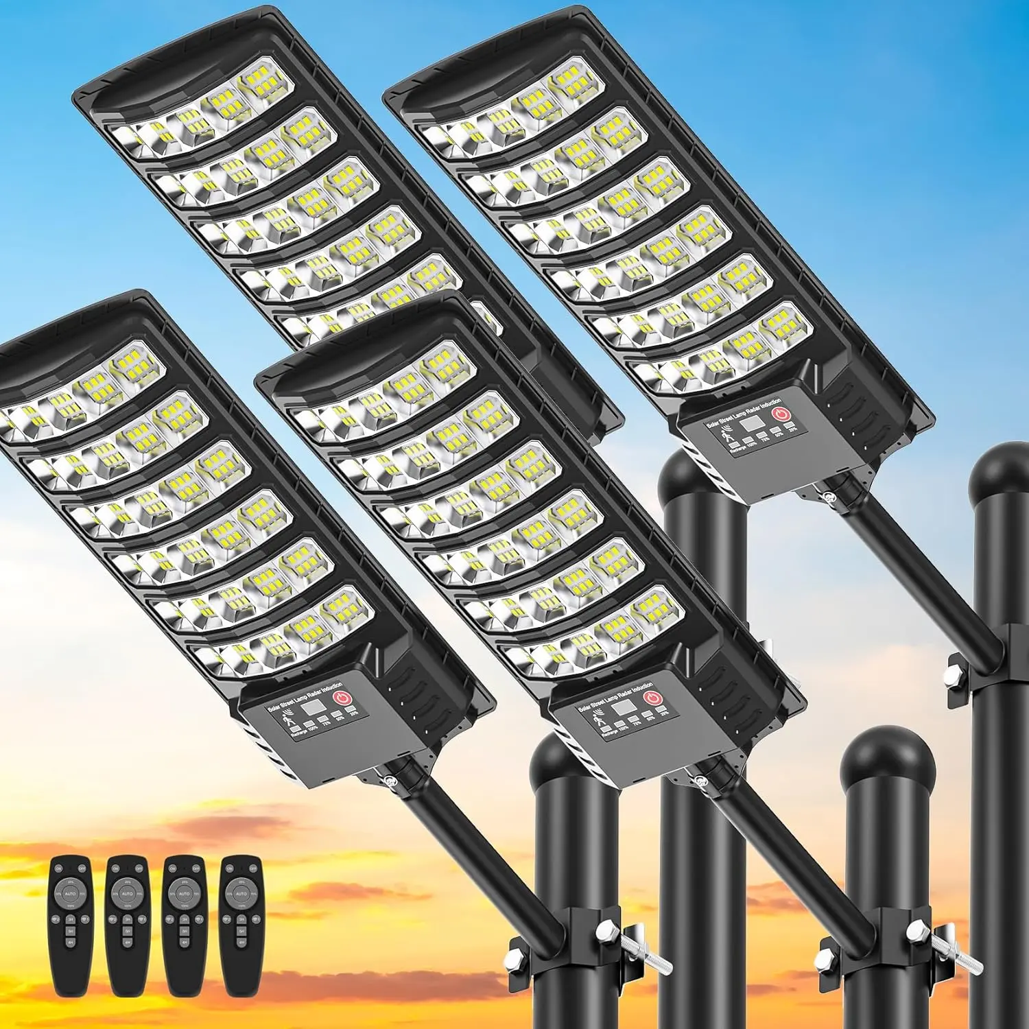 4 Pack 6500k Solar Lights Outdoor, Dusk to Dawn, Waterproof,Motion Sensor Solar Street Lights with Remote Control ,LED Security Light for Backyard/Garden/Garage/Driveway