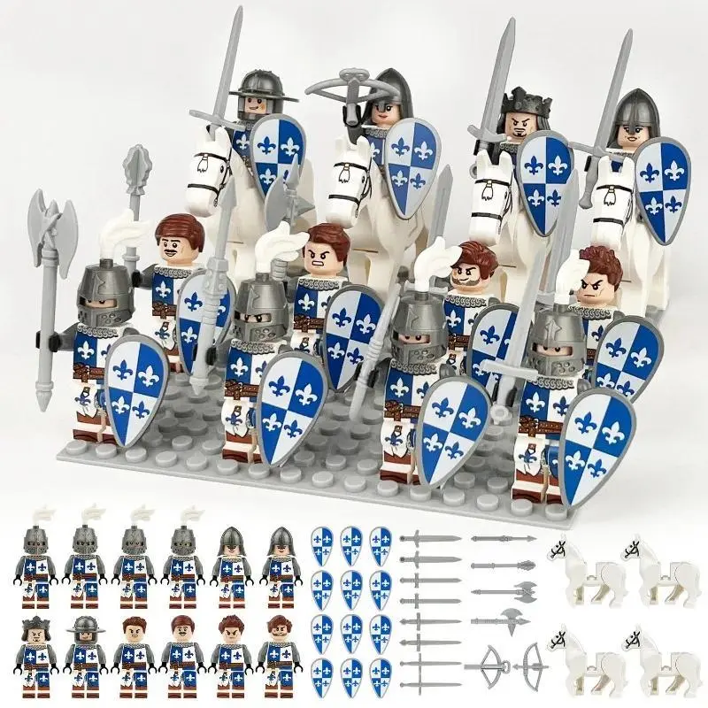 Medieval Knights & Soldiers Weapons Building Blocks Model with White Horse Accessories, Small Toy for Kids, Boyfriend Gift