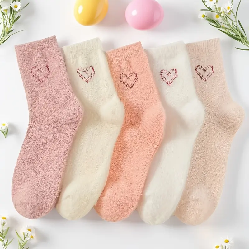 Women's Polyester Fuzzy Thigh High Socks - 5 Pairs, Casual, Soft, Warmth Boost, Mid-Calf Length, Autumn/Winter Wear, Ideal Valentine's Day Gift for Girlfriend