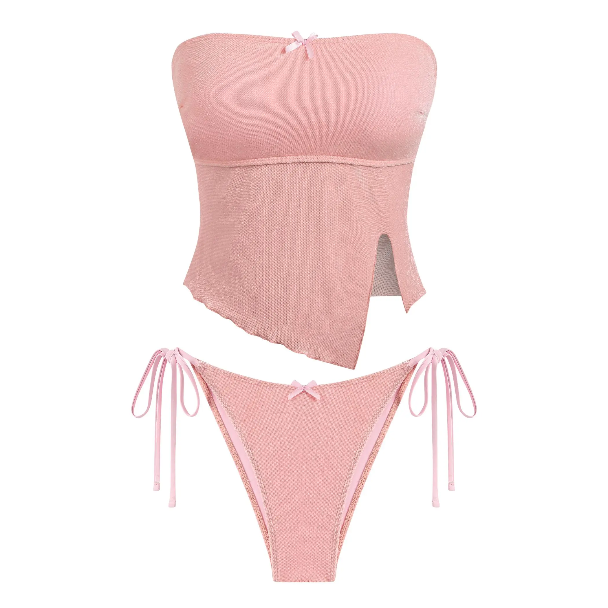 ZAFUL Women's Bandeau Tankini Swimsuit, High Cut Cheeky 2-Piece Bathing Suit with Asymmetrical Slit, Bowknot & Tummy Control, Trending 2026, Tankini Swimsuits Women, Trending Swimsuits 2026