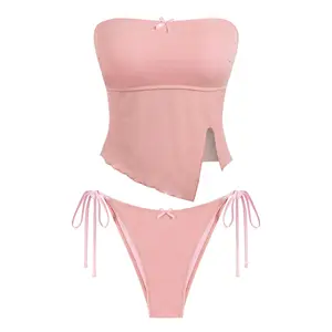 ZAFUL Summer's Hot Pick Fairyland Cheeky High Cut Bandeau Tankini Swimsuit with Asymmetrical Slit & Bowknot String Design Comfy Push Up Tummy Control Trending 2026 Women's Bathing Suit