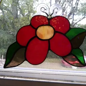 Stained Glass Flower Window Decor - Red and Green Leaves with Yellow Center - Perfect for Home Decor and Gift